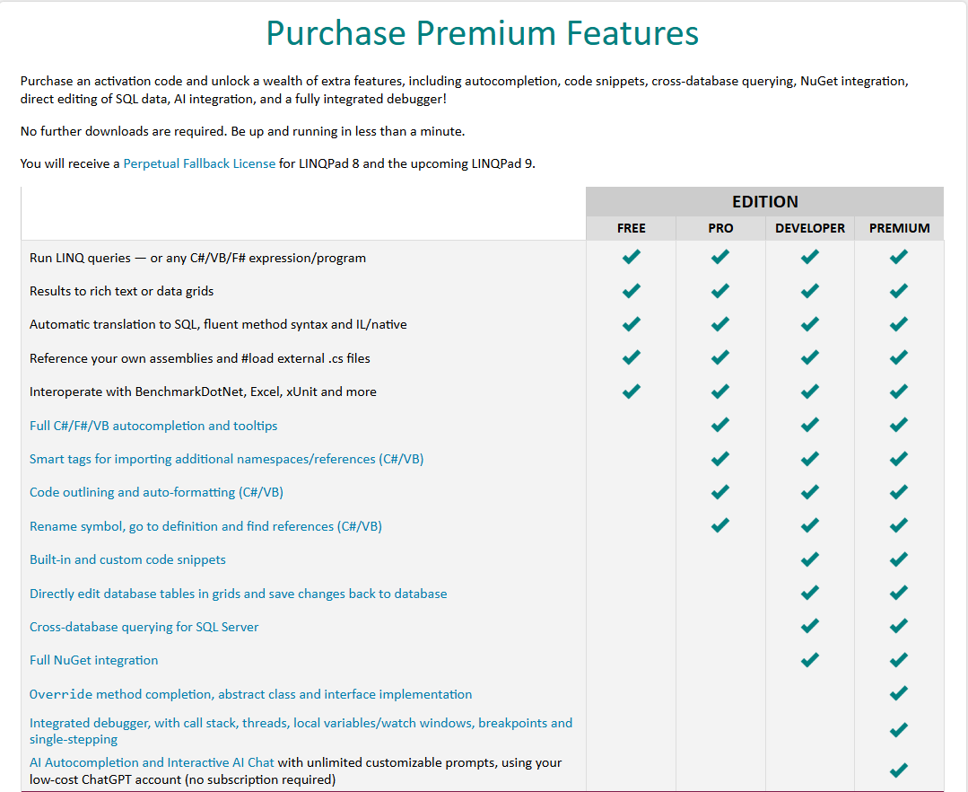 Screenshot of LINQPad versions from linqpad.net